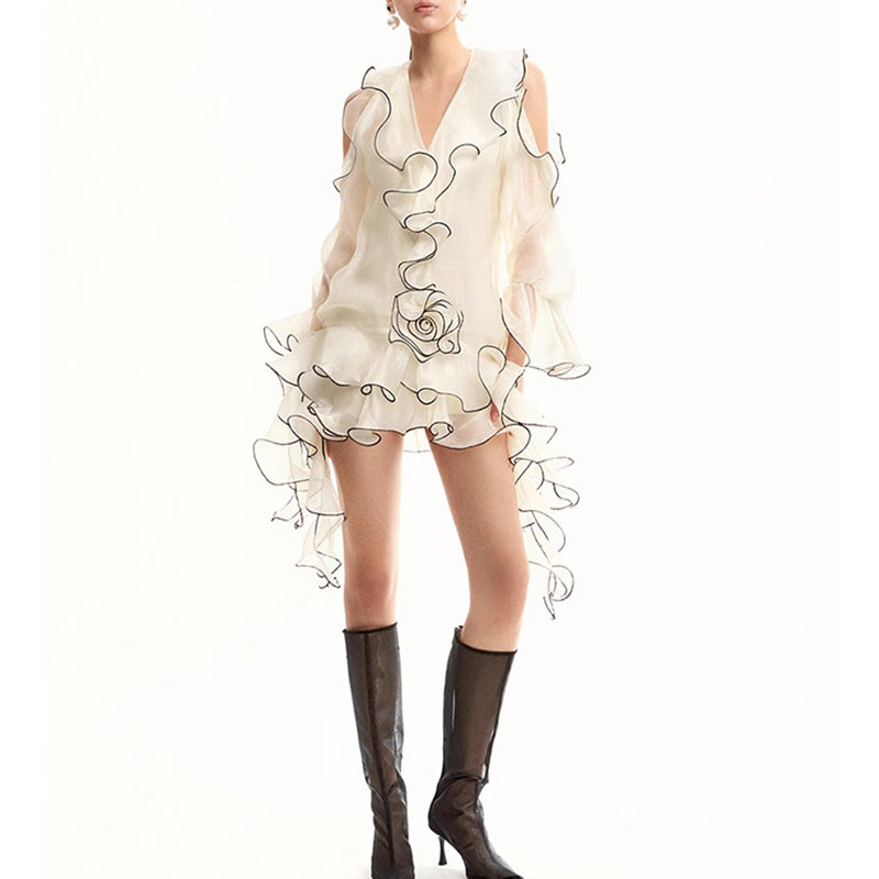 Designed Elegant Resort-Style Lace Trim White Short Dress