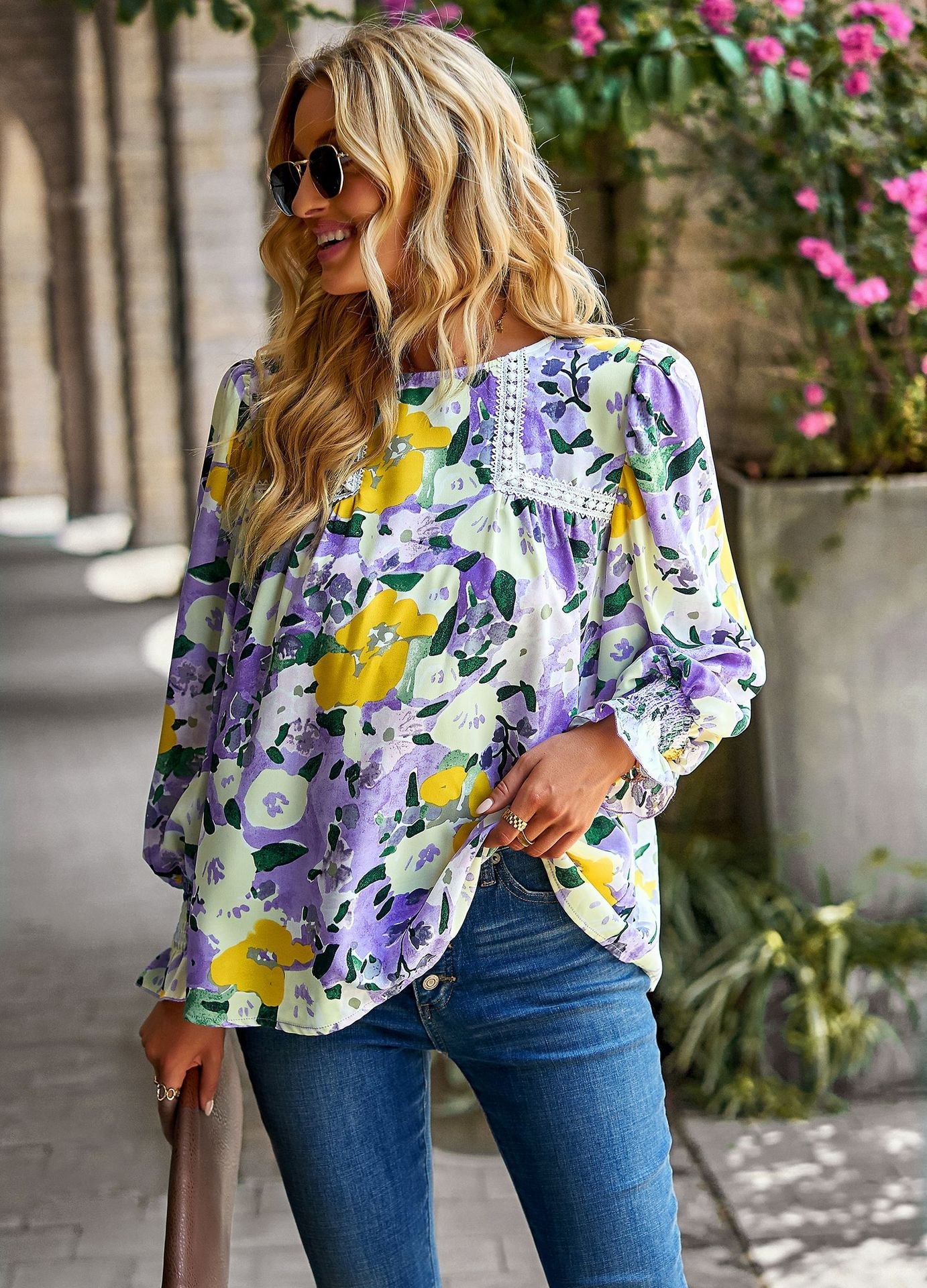 Elegant Floral Print Long Sleeves Blouses