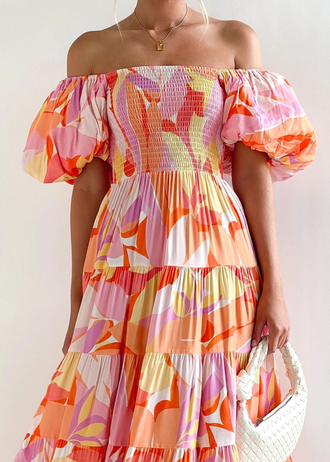 Flutter Sleeve High Waist Off-Shoulder Print Dress