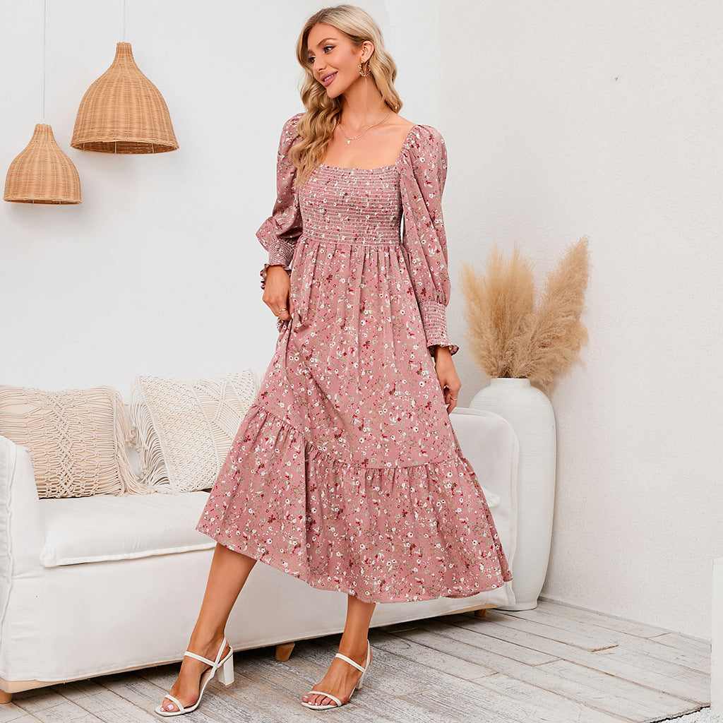 Women's Floral Print Square Neck Chiffon Dress