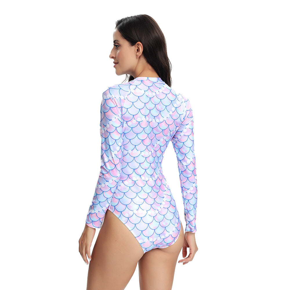 Women's Long Sleeve Multi-Color Print Zip-Up One-Piece Snorkel & Surf Wetsuit
