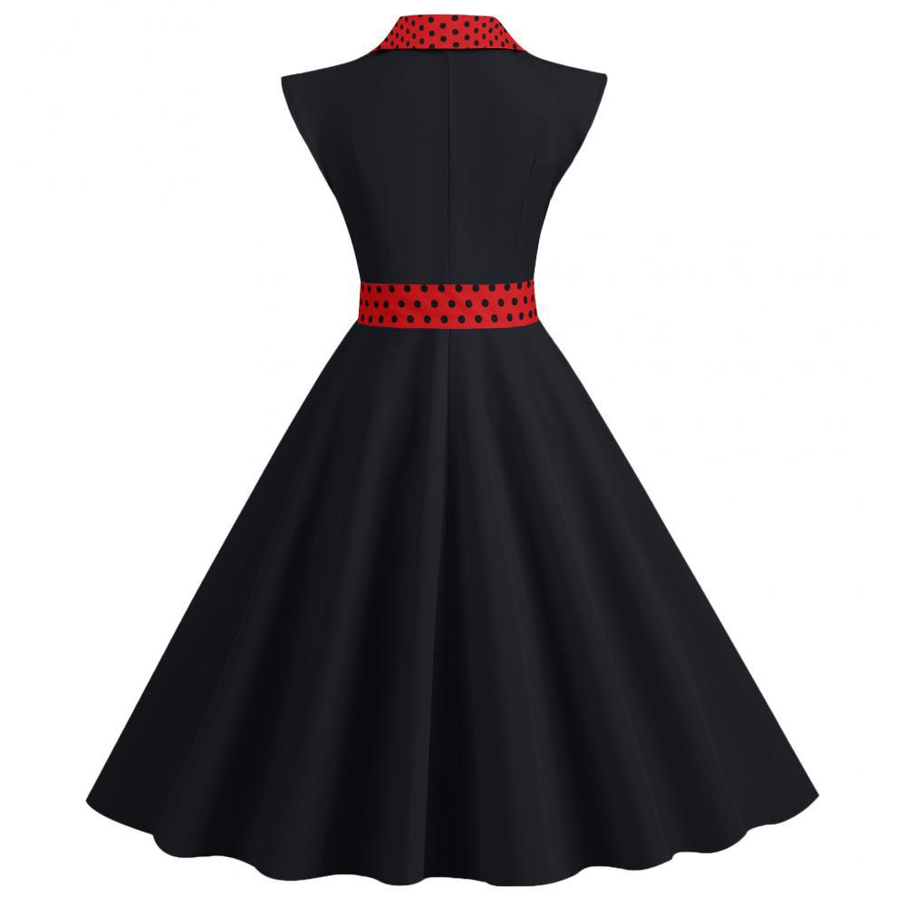 Elegant V-Neck Polka Dot & Solid Color A-Line Dress with Belt for Women