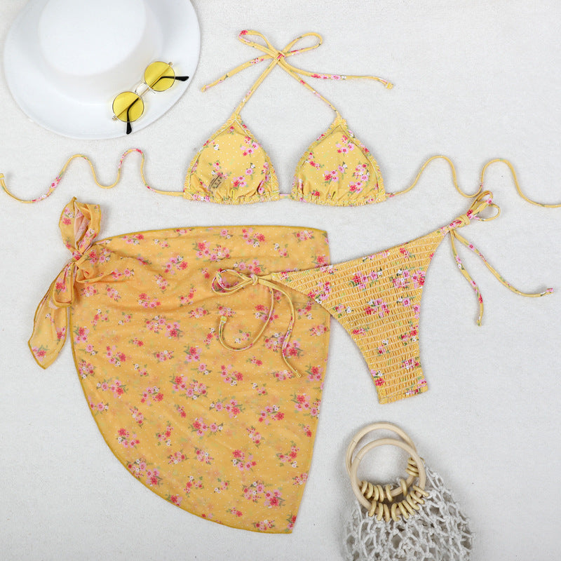 Print Bikini Three-Piece Set – Sheer Skirt Separates, Sexy Vacation Swimwear