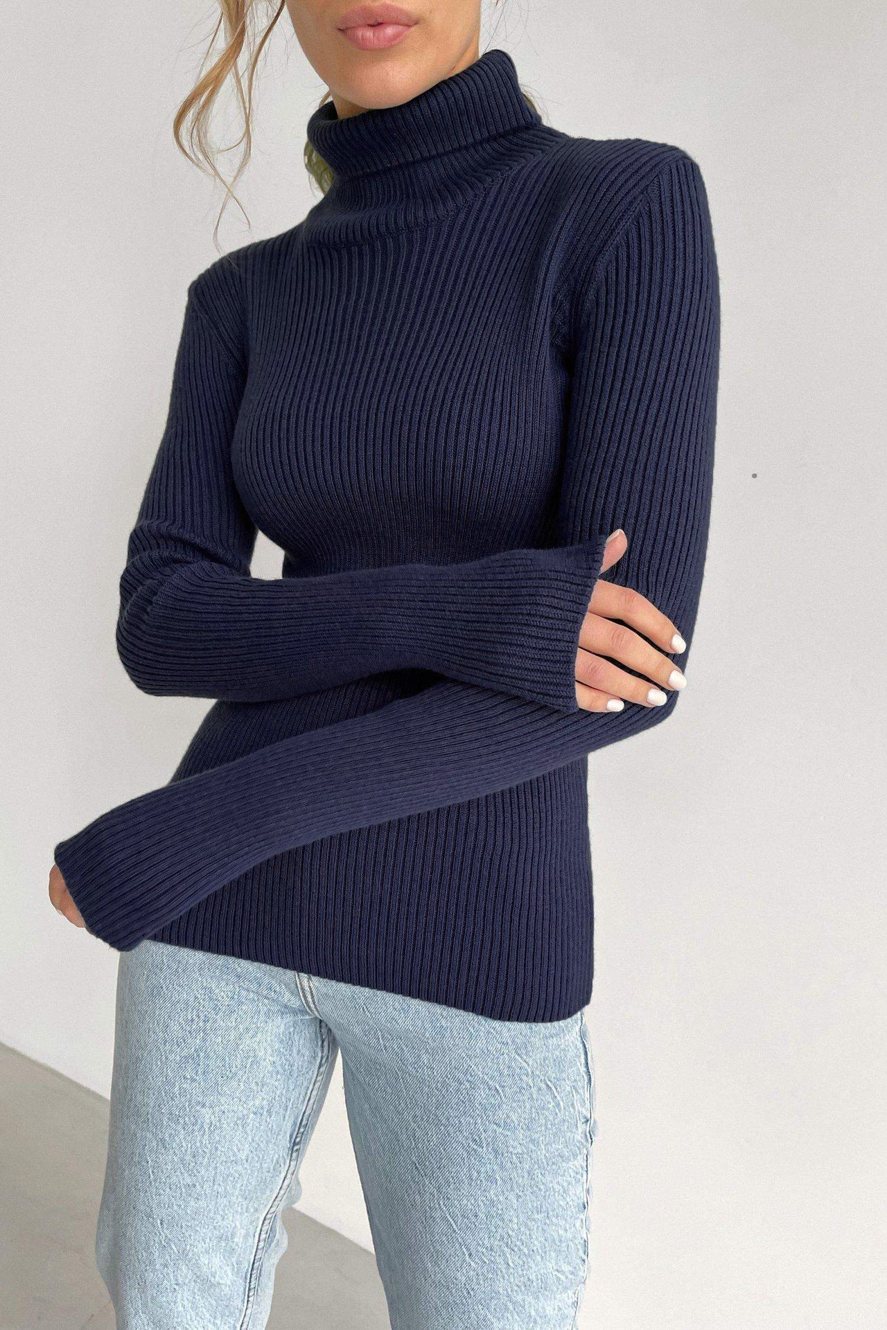 Fashion High Neck Pullover Knitted Tight Sweater