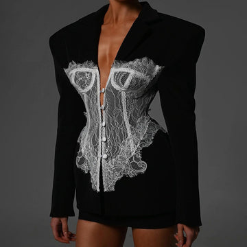 Women Lace Panel Corset Blazer