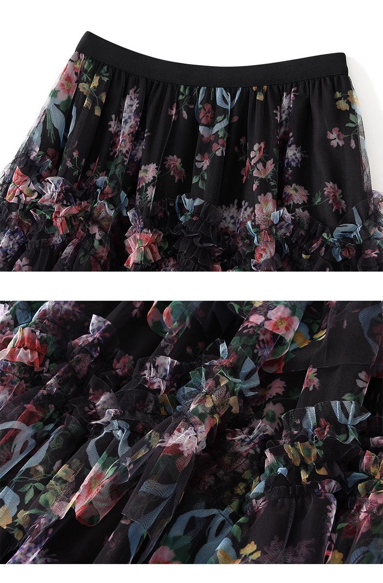 Women's Patchwork Print Mesh Cake Skirt