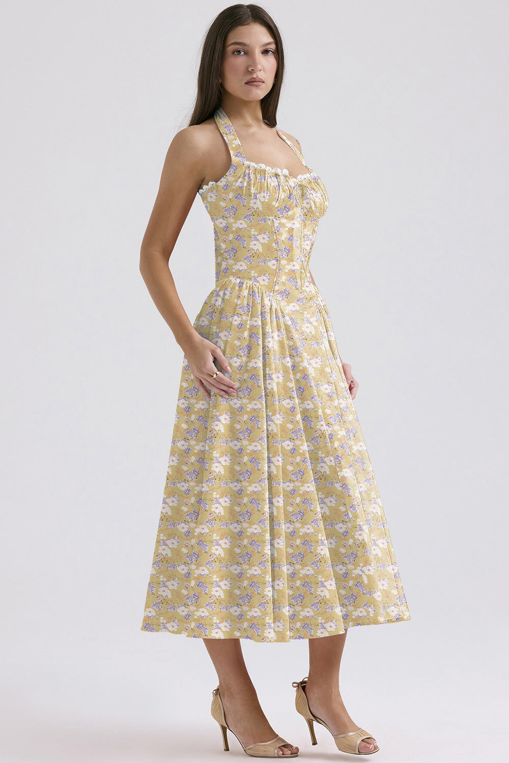 Women's Summer Floral Print Bodycon Halter Neck Maxi Dress