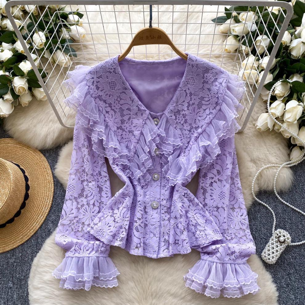 Lace Patchwork Lantern Sleeve Blouse