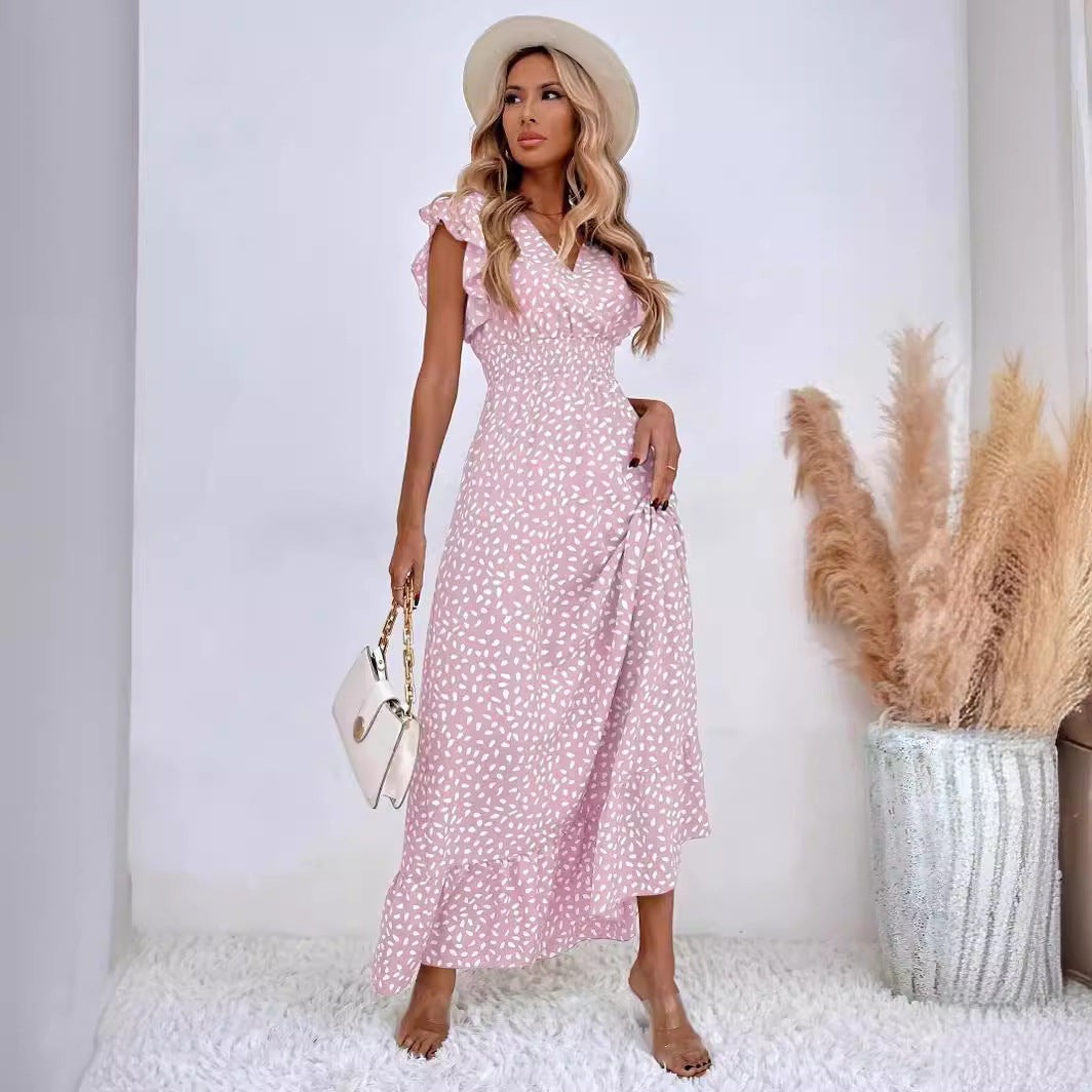 Summer V-Neck Wrap Waist Maxi Dress with Flutter Sleeves-black-S-Free Shipping Leatheretro