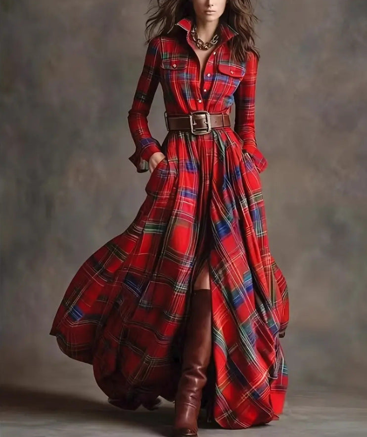 Plus Size French Vintage Plaid Slimming Irregular Hem Dress