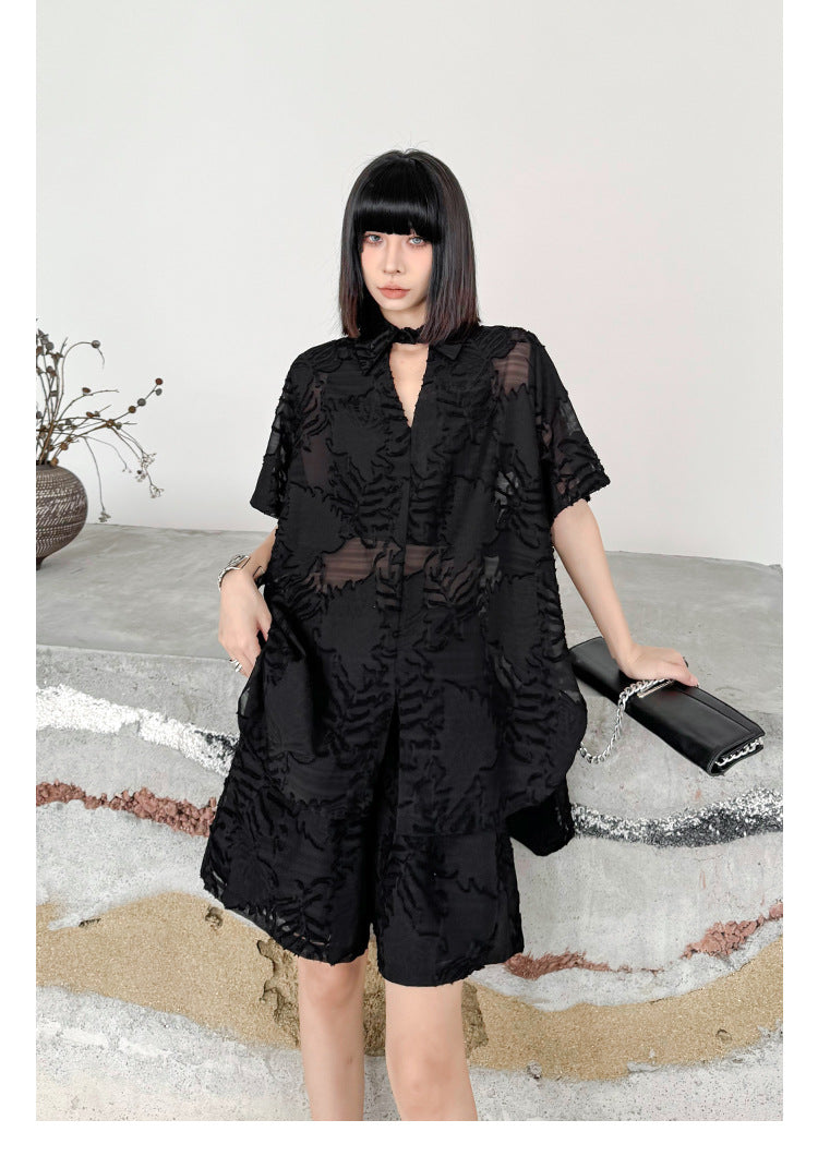 Women's Unique Jacquard Casual Cotton Set – Oversized Bat Sleeve Top + Elastic Waist Shorts