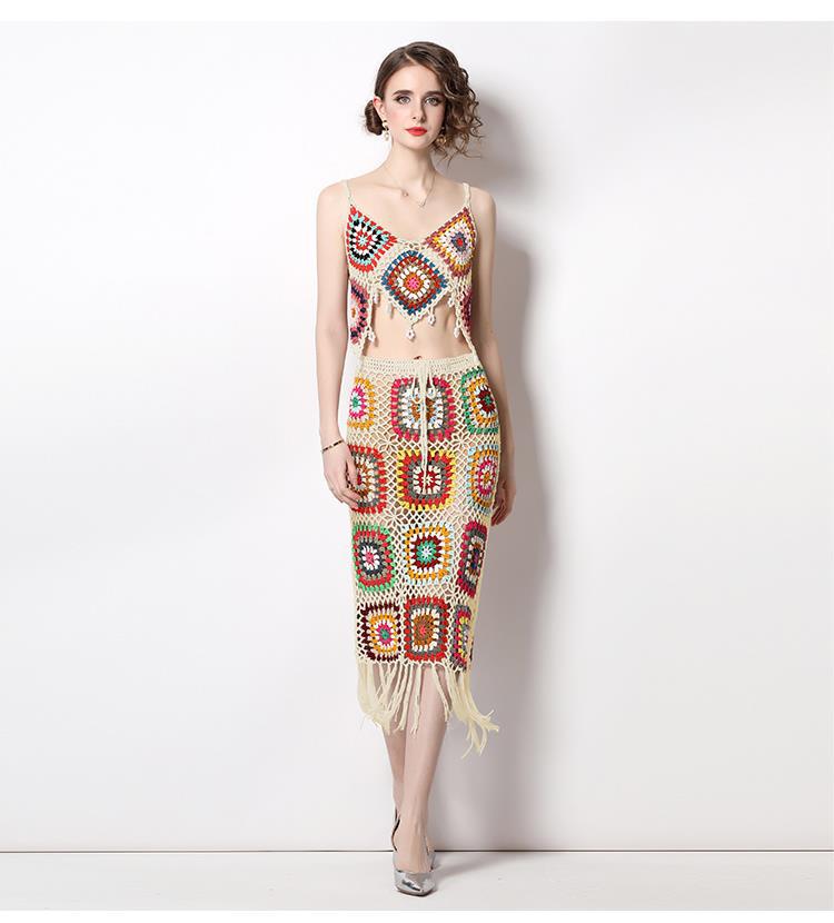Bohemia Crochet Knitted Women Tank Tops and Skirts Suits