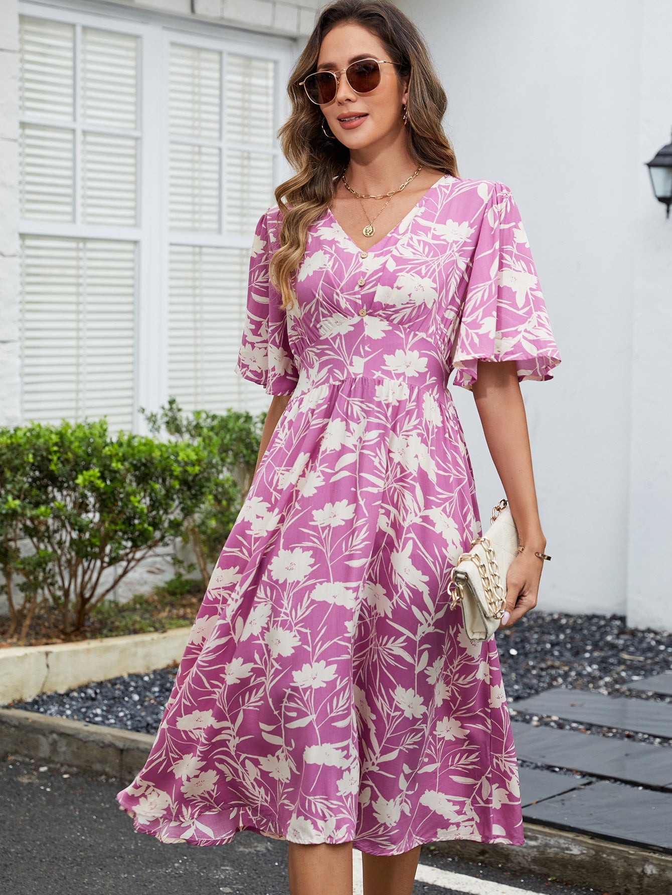 Women's Summer V-Neck Floral Print Rayon Dress