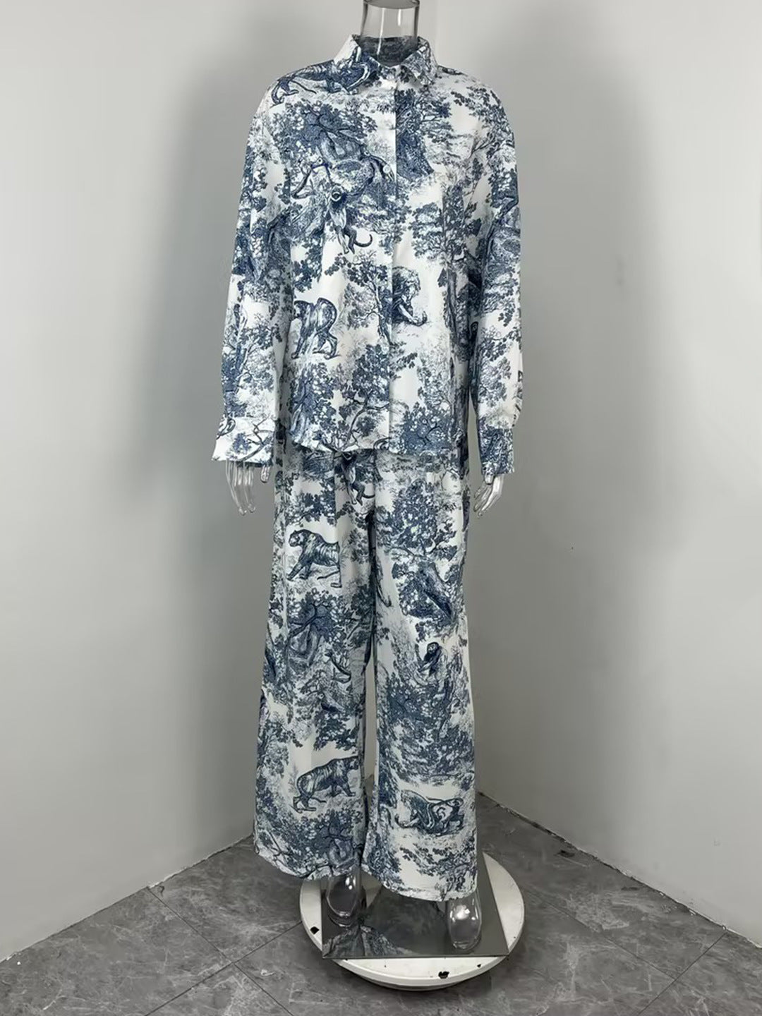 Printed Stand Collar Batwing Sleeve Loose Top with High-Waisted Wide-Leg Pant