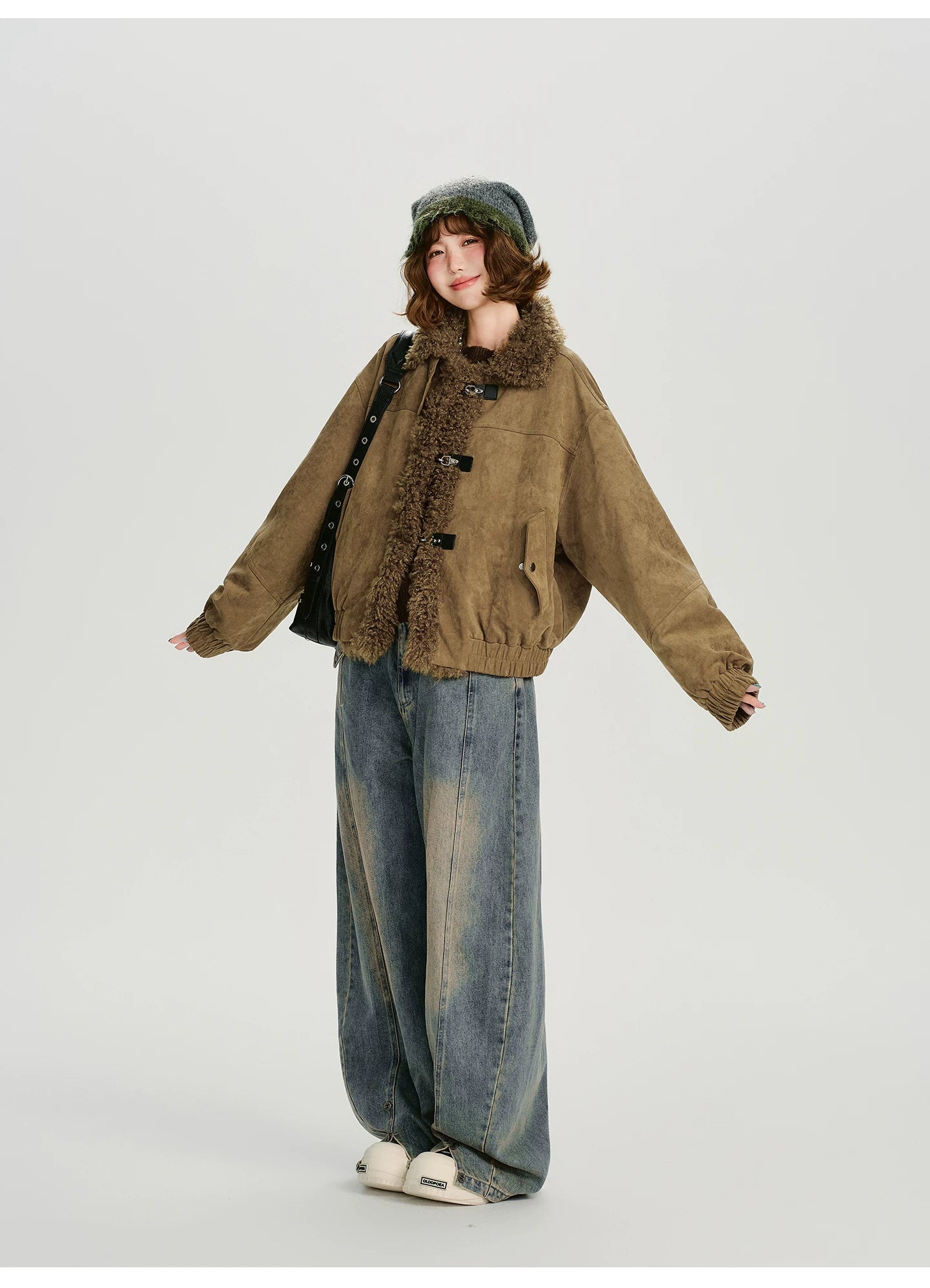 Girlyhalo Vintage Suede & Faux Shearling Patchwork Winter Coat