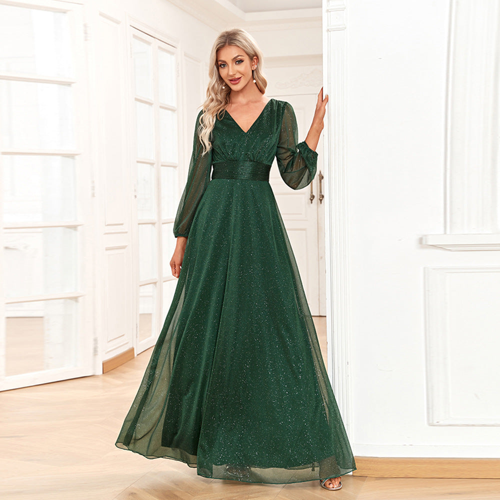 Green Chiffon V Neck Long Sleeves Party Dresses/bridesmaid Dresses-Dresses-Free Shipping at meselling99