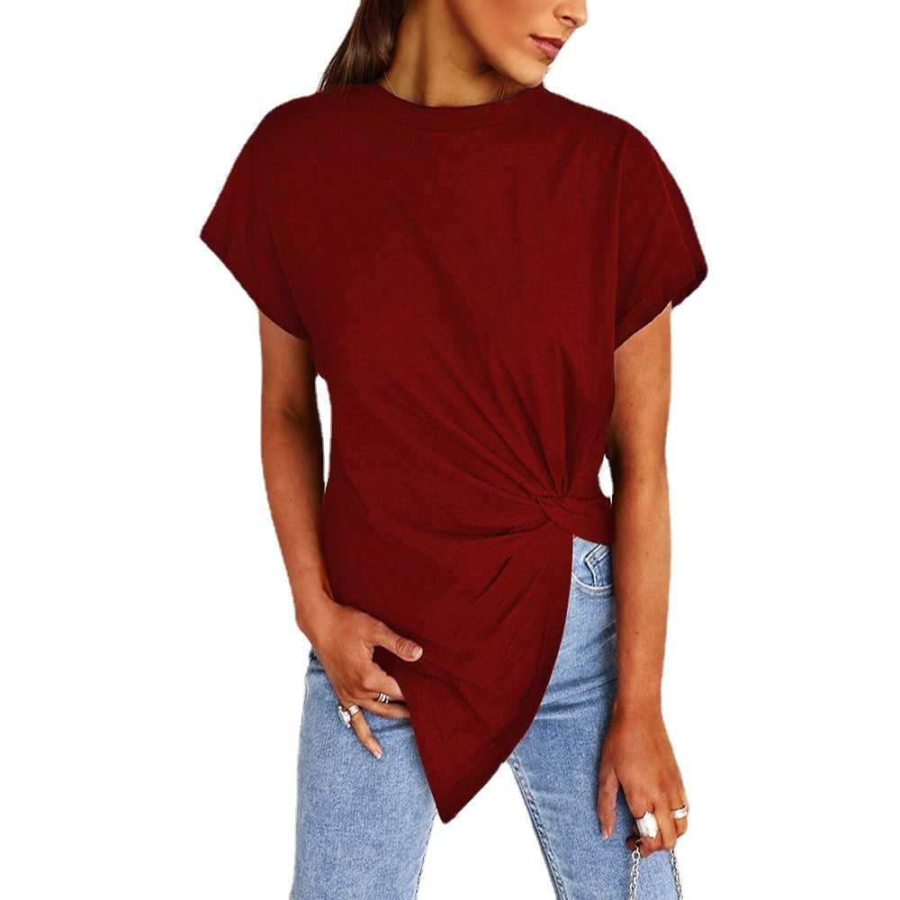 Women's Asymmetric Knot Front Round Neck Short Sleeve T-Shirt