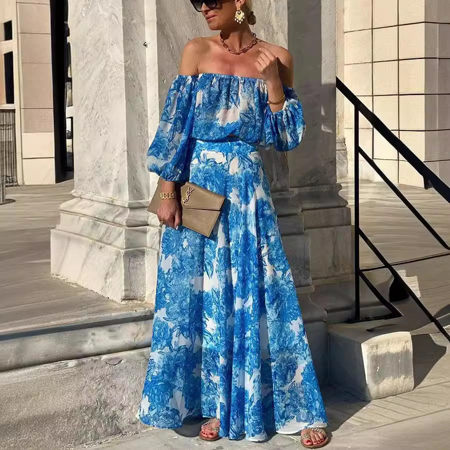 Off-Shoulder Floral Print High Waist Elegant Dress