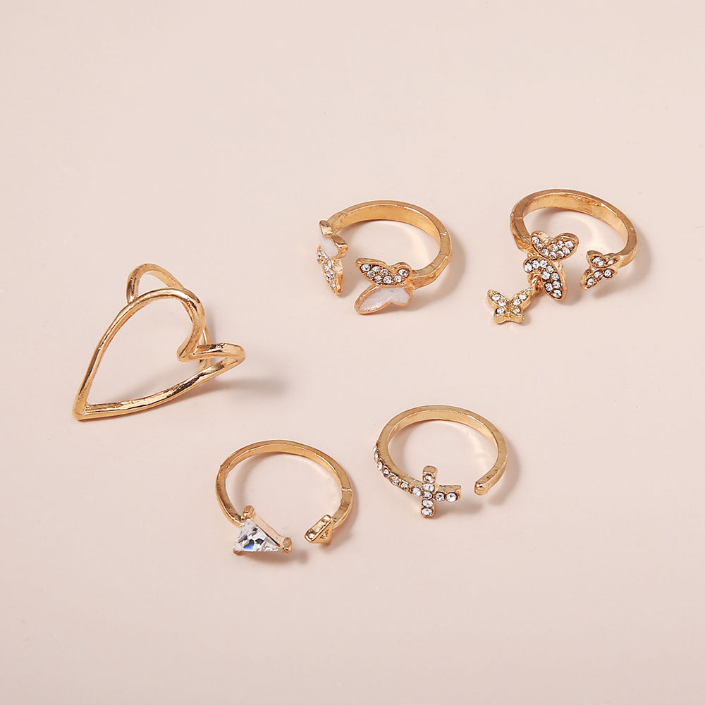 5-Piece Cross, Triangle, Heart Hollow-Out Drop Oil Butterfly Ring Set
