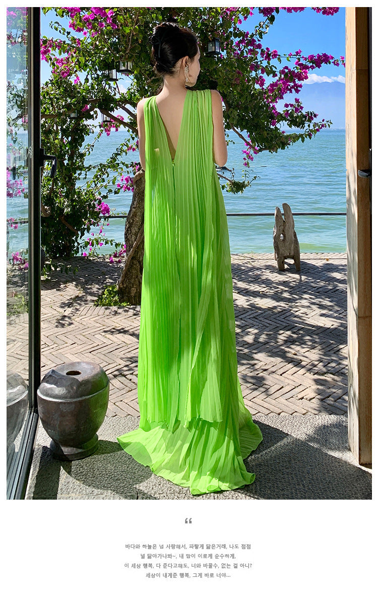 Elegant Neck-Tie Flowy Ruffle Dress – Maxi Pleated Skirt, Resort Vacation & Beach Cover-Up