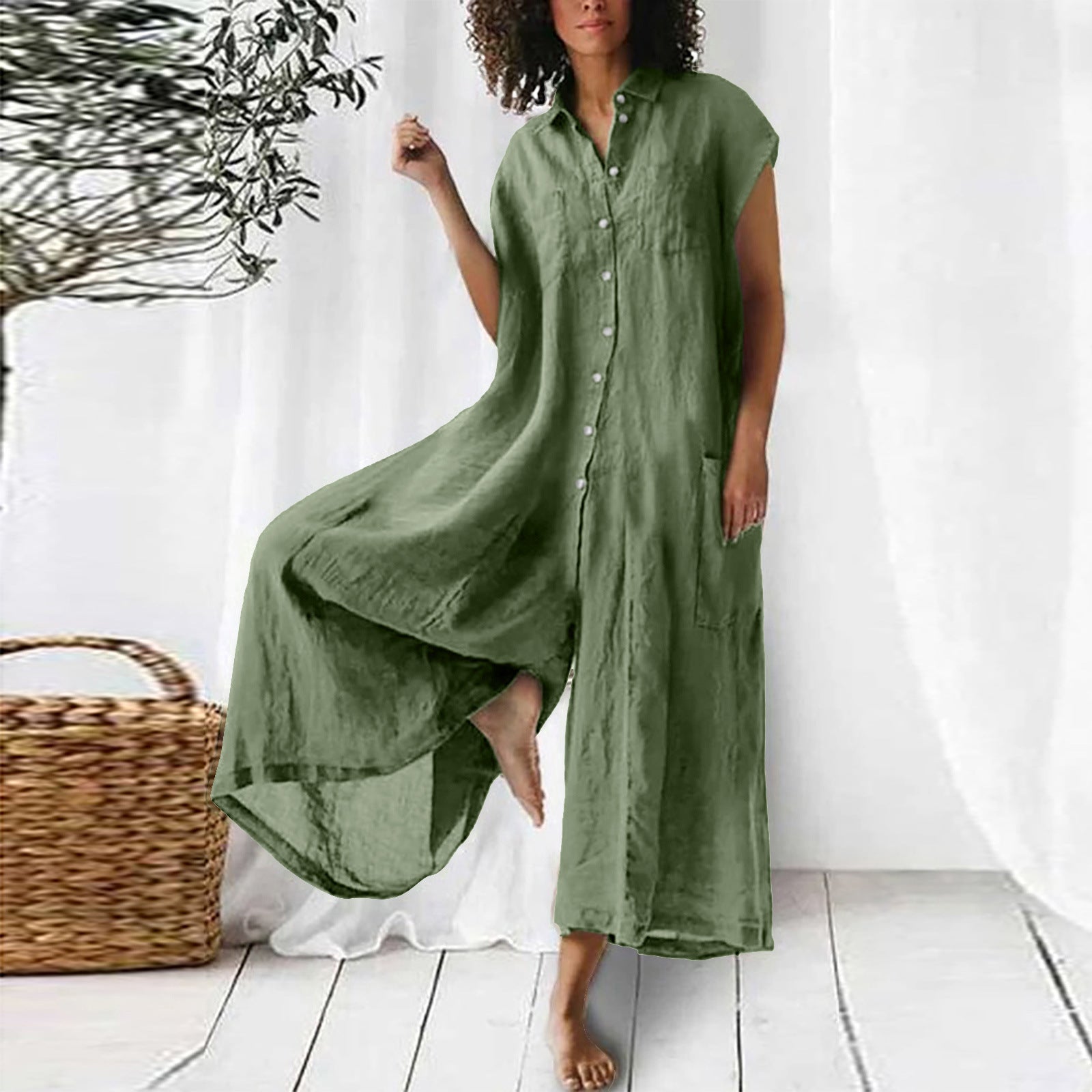 Women's Summer Linen Blend Solid Color Plus Size Jumpsuit