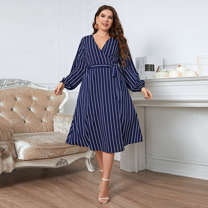 Women Striped Plus Sizes Dresses-Dresses-Free Shipping at meselling99