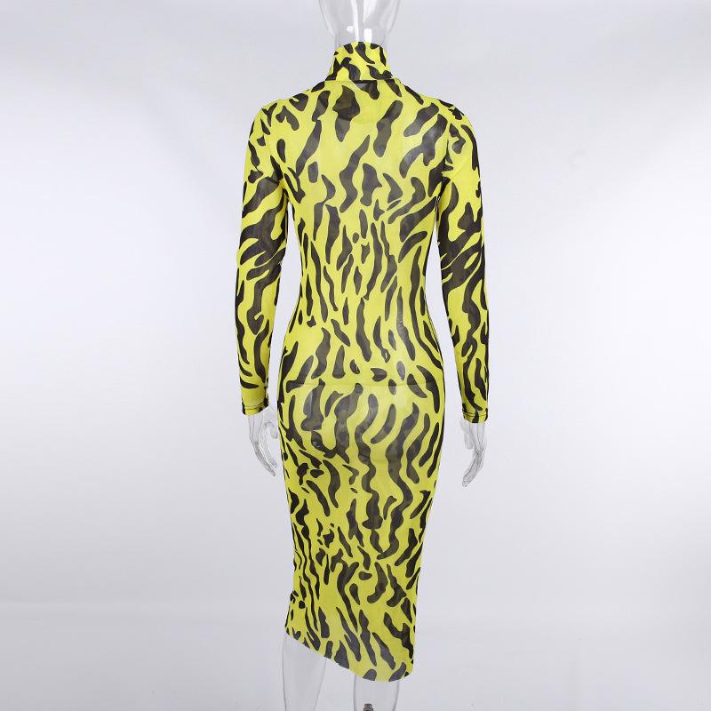 Sexy High Neck Yellow Leopard Long Sleeves Women Dresses-Dresses-Free Shipping at meselling99