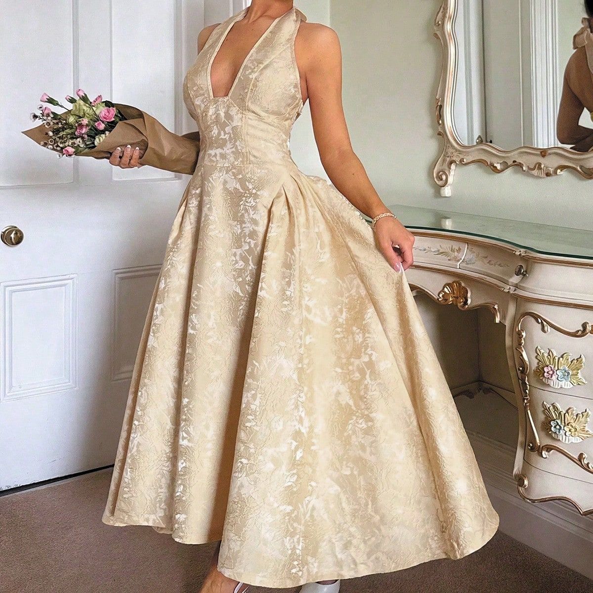 Backless Halter Jacquard Midi Dress
