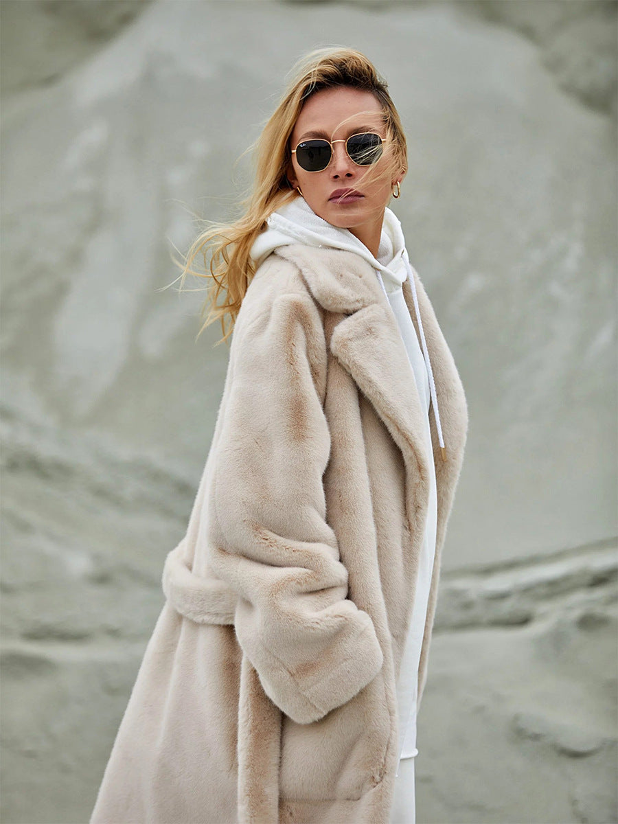 Women's Long Plush Fur Coat with Belted Waist & Notched Lapel