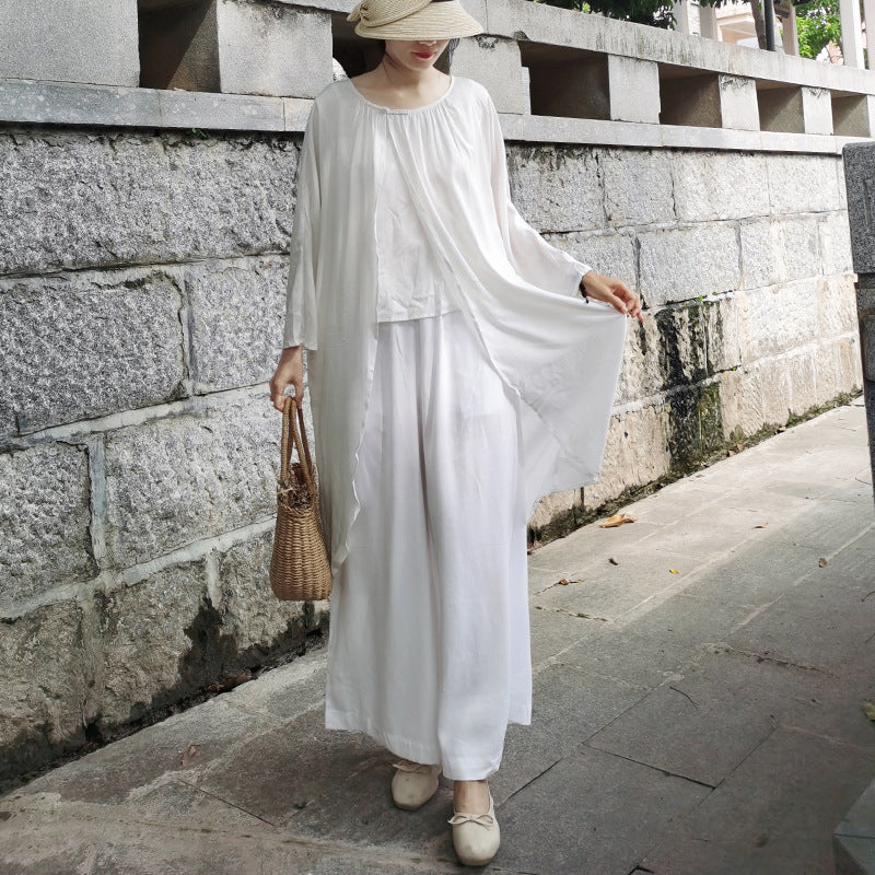 Casual White Long Sleeves Blouses and Linen Pants-Suits-Free Shipping at meselling99