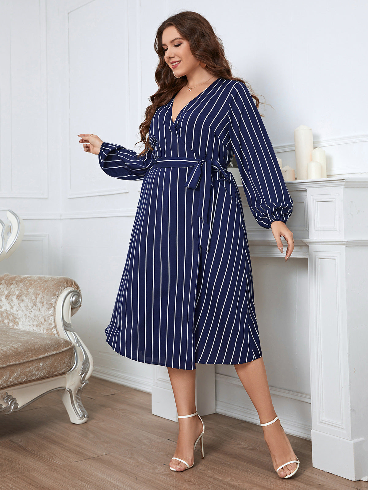 Women Striped Plus Sizes Dresses-Dresses-Free Shipping at meselling99