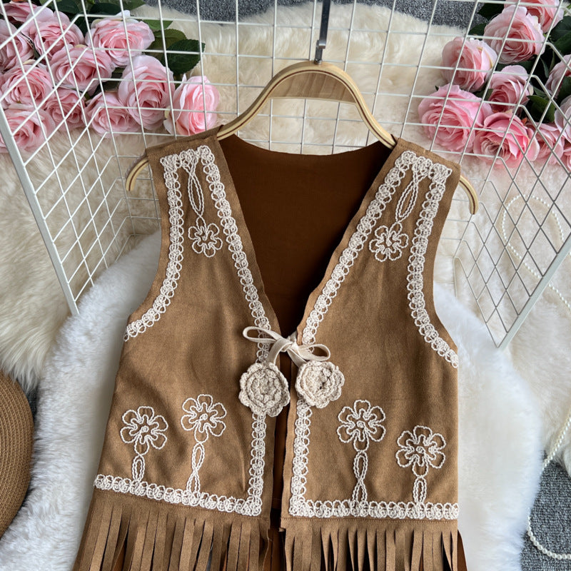Bohemian Vintage Vest – Embroidered Floral Long Fringe Open Front Cardigan