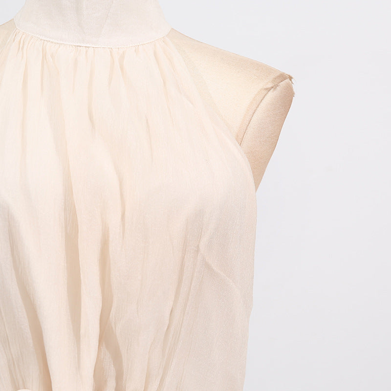 Elegant High-Neck Sleeveless Summer Dress with Waist Ruffle Detail
