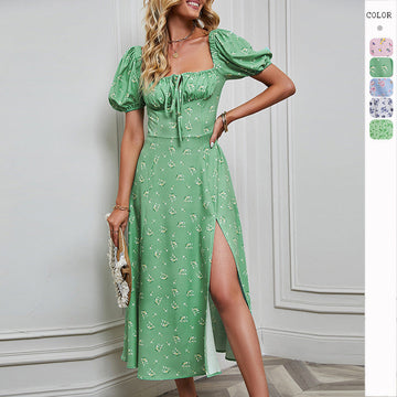 Women's Fashion Floral Print Bubble Sleeve Tie-Front Bustier Slit Dress