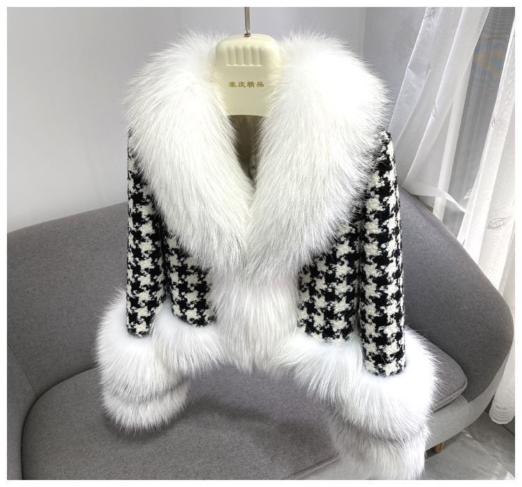 Women‘s Short Houndstooth Eco-friendly Fur Jacket