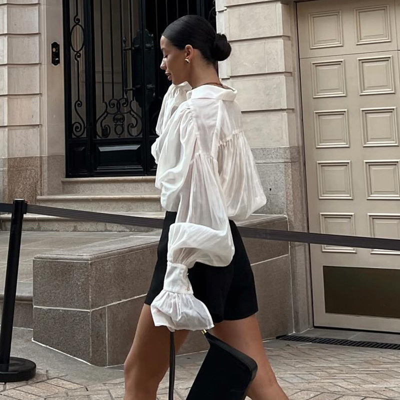 Women's Sheer Sexy Solid Color Blouse Shirts-White-S-Free Shipping Leatheretro