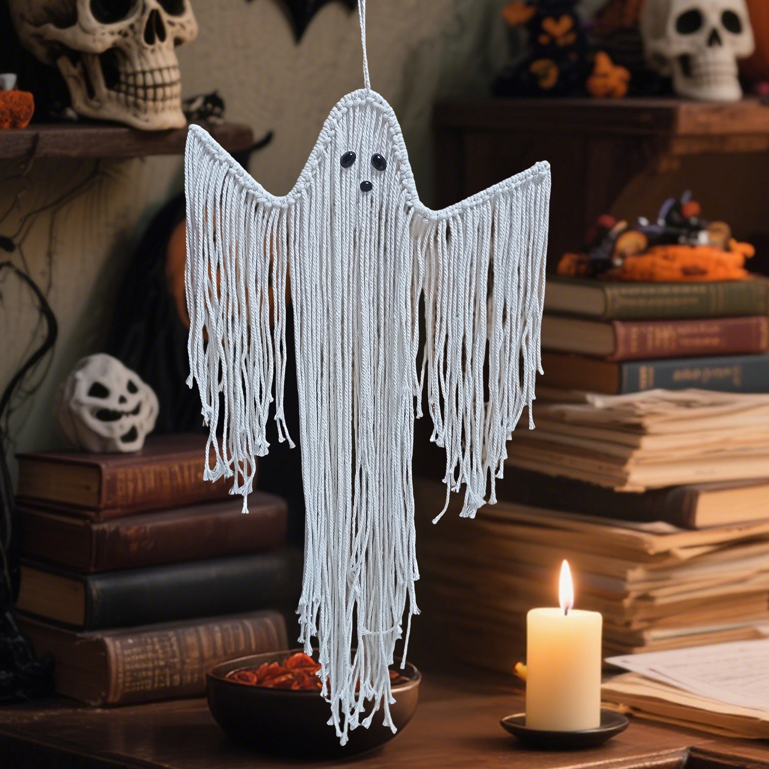 Hand-Knotted Macrame Ghost Halloween Deco