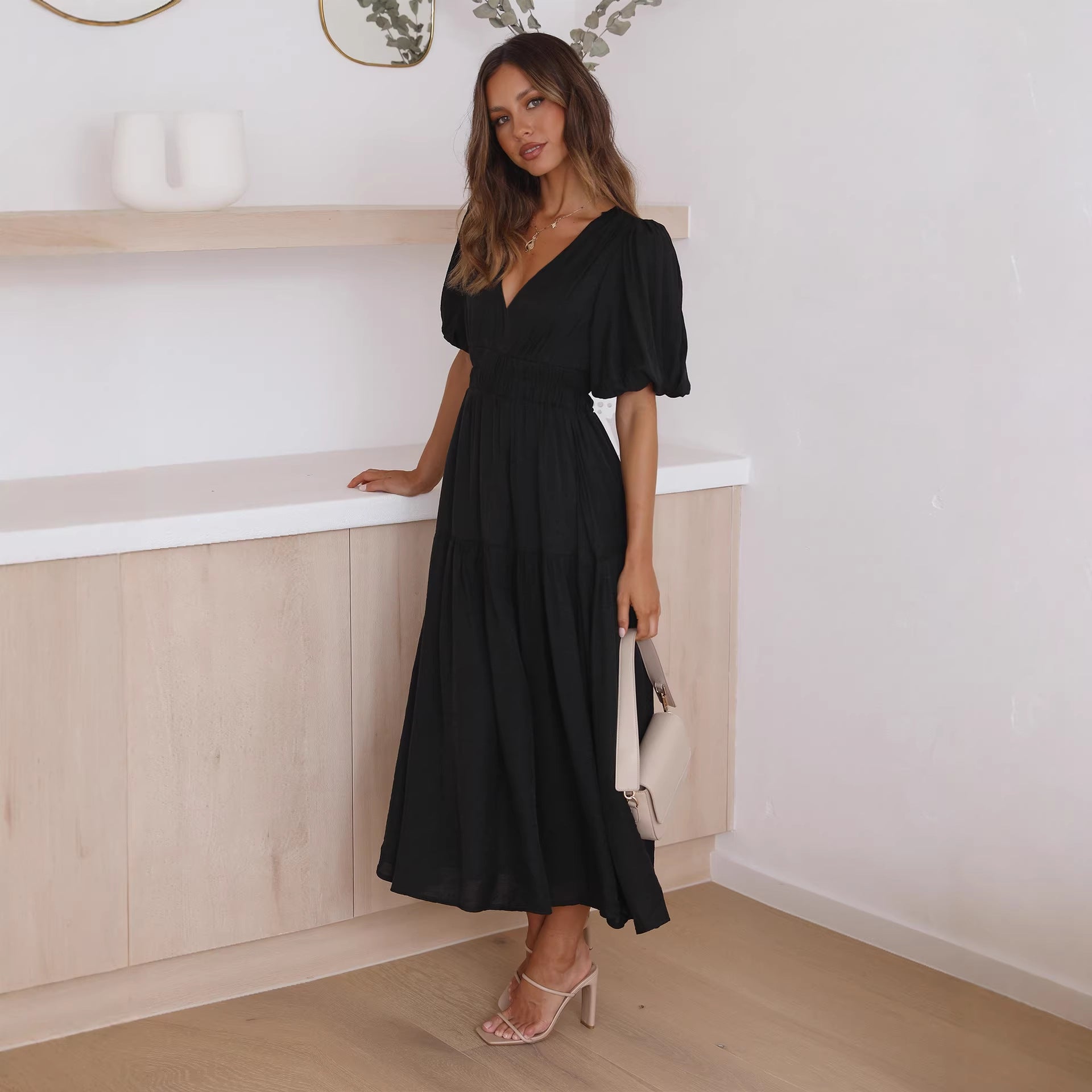 Chic Deep V Puff Sleeve Vacation Dress