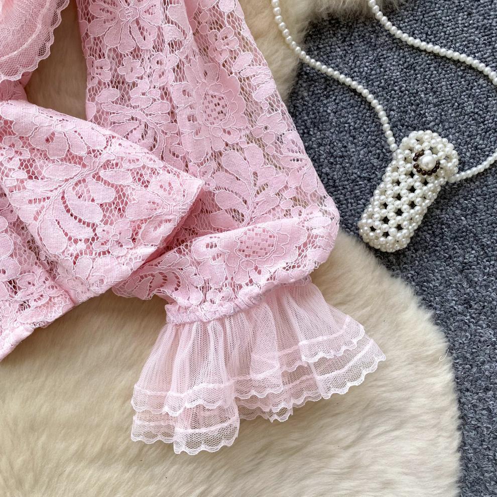Lace Patchwork Lantern Sleeve Blouse