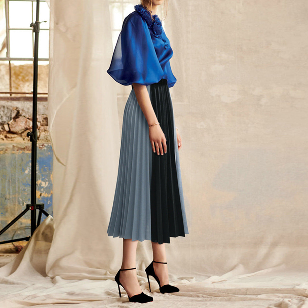 Chiffon Color-Block Pleated Skirt