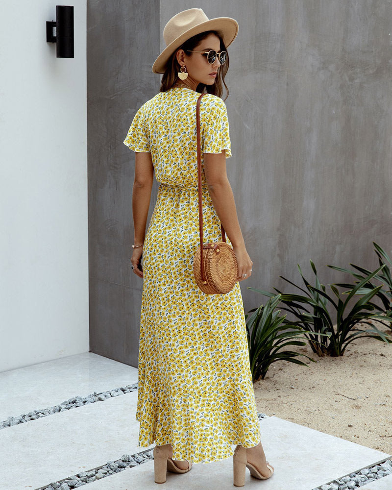 Summer Casual Dot Print Ruffled Short Sleeves Long Dresses