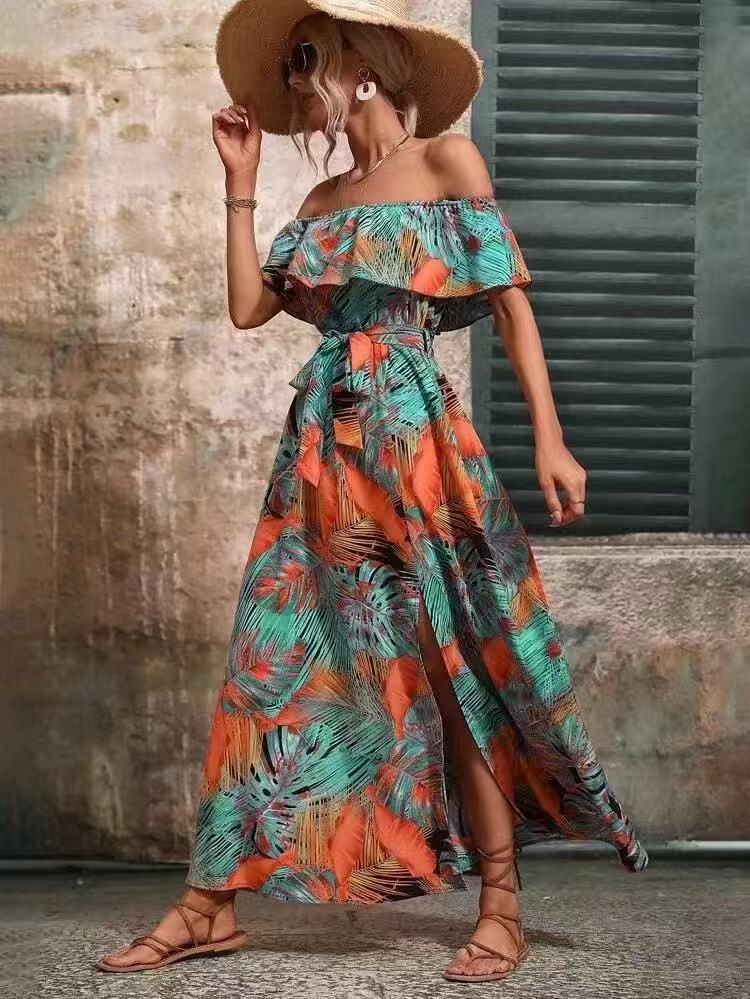 Women's Summer Off-Shoulder Ruffled Tie-Waist Dress