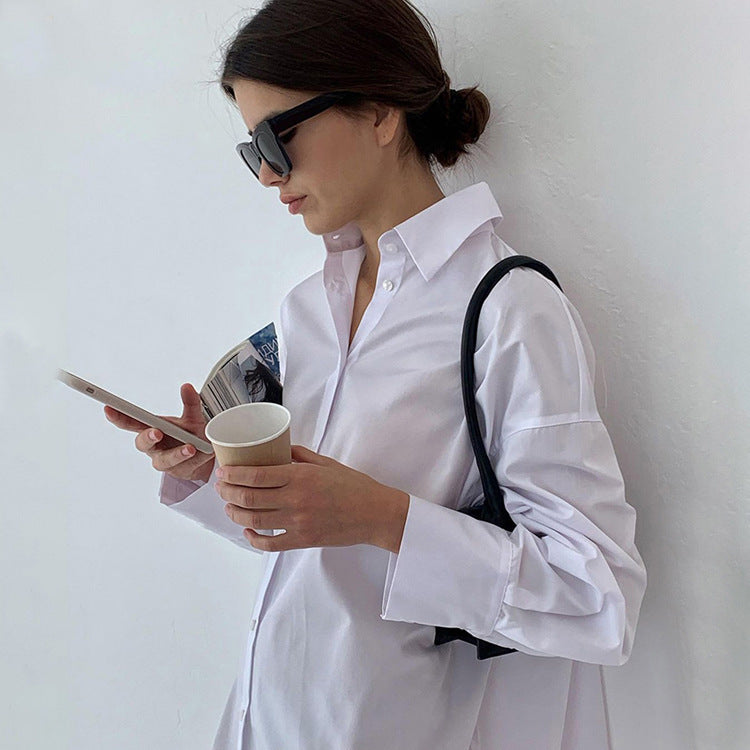 Oversized Fall White Button-Down Cotton Shirt for Women