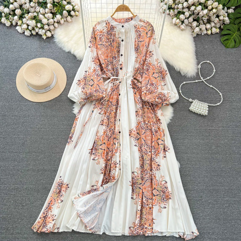 Retro Palace Style Lantern Sleeve Round Neck A-Line Floral Print Button-Down Waist Dress