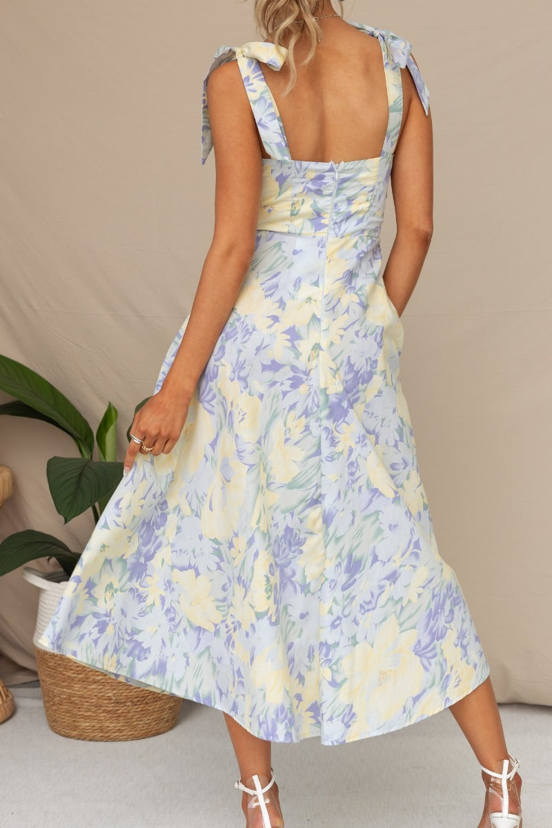 Summer Floral Print V-Neck Wrap Waist Midi Dres