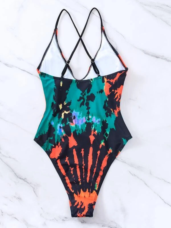 Ombre Tie-Dye Print One-Piece Swimsuit Sexy Bikini for Women
