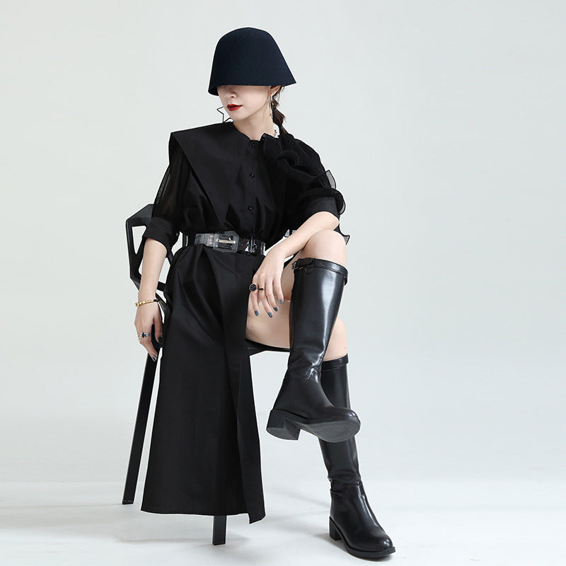 Summer Asymmetrical Bubble Sleeve Shirt Dress with Peplum Waist & Patchwork Design