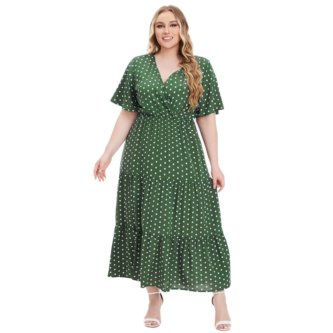 Plus Size Polka Dot V-Neck Swing Dress