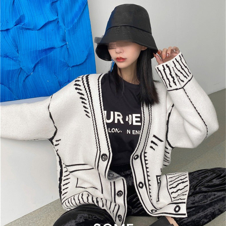 Oversized Black and White Graphic Doodle Knit Cardigan