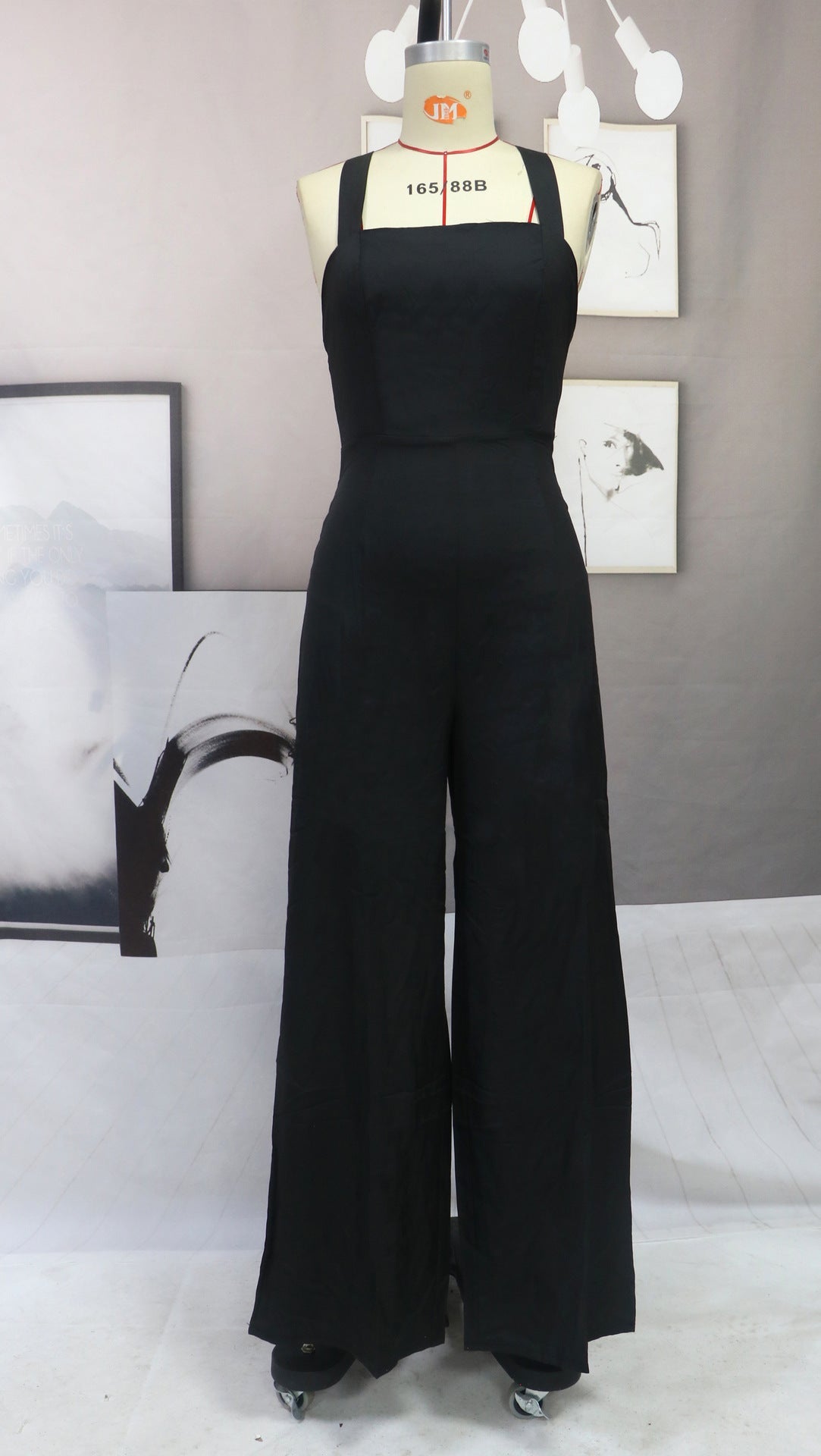 Sexy Shoulder Straps Black Wide Legs Jumpsuits